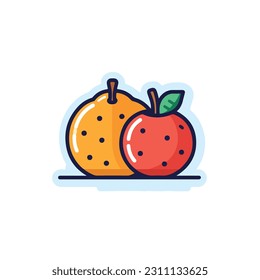 A cartoon drawing of fruits icon. pear, mango, pinapple, apple, orange, strawberry, banana, pears. illustration of fruits icon white background. Isolated.