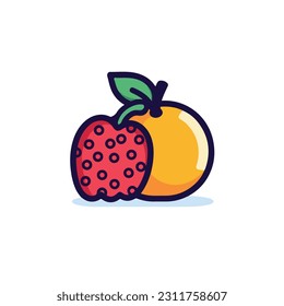 A cartoon drawing of fruits icon. pear, mango, pinapple, apple, orange, strawberry, banana, pears. illustration of fruits icon white background. Isolated.