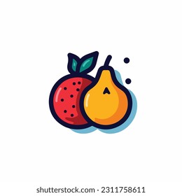 A cartoon drawing of fruits icon. pear, mango, pinapple, apple, orange, strawberry, banana, pears. illustration of fruits icon white background. Isolated.