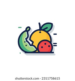 A cartoon drawing of fruits icon. pear, mango, pinapple, apple, orange, strawberry, banana, pears. illustration of fruits icon white background. Isolated.