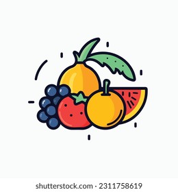 A cartoon drawing of fruits icon. pear, mango, pinapple, apple, orange, strawberry, banana, pears. illustration of fruits icon white background. Isolated.
