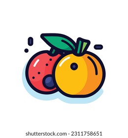 A cartoon drawing of fruits icon. pear, mango, pinapple, apple, orange, strawberry, banana, pears. illustration of fruits icon white background. Isolated.