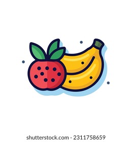 A cartoon drawing of fruits icon. pear, mango, pinapple, apple, orange, strawberry, banana, pears. illustration of fruits icon white background. Isolated.