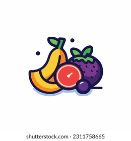 A cartoon drawing of fruits icon. pear, mango, pinapple, apple, orange, strawberry, banana, pears. illustration of fruits icon white background. Isolated.