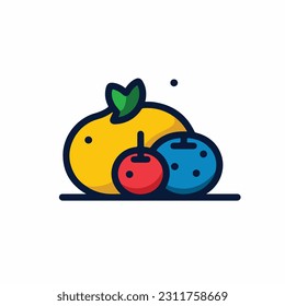 A cartoon drawing of fruits icon. pear, mango, pinapple, apple, orange, strawberry, banana, pears. illustration of fruits icon white background. Isolated.