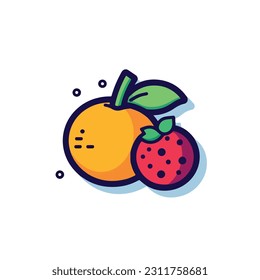 A cartoon drawing of fruits icon. pear, mango, pinapple, apple, orange, strawberry, banana, pears. illustration of fruits icon white background. Isolated.