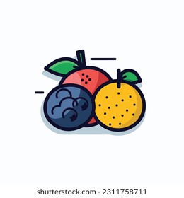 A cartoon drawing of fruits icon. pear, mango, pinapple, apple, orange, strawberry, banana, pears. illustration of fruits icon white background. Isolated.