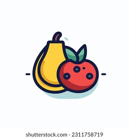 A cartoon drawing of fruits icon. pear, mango, pinapple, apple, orange, strawberry, banana, pears. illustration of fruits icon white background. Isolated.