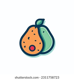 A cartoon drawing of fruits icon. pear, mango, pinapple, apple, orange, strawberry, banana, pears. illustration of fruits icon white background. Isolated.