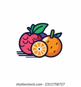 A cartoon drawing of fruits icon. pear, mango, pinapple, apple, orange, strawberry, banana, pears. illustration of fruits icon white background. Isolated.