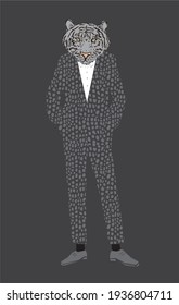 Cartoon drawing of funny dressed up tiger on black background