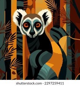 Cartoon drawing of funny lemur on jungle background. For your logo or sticker design