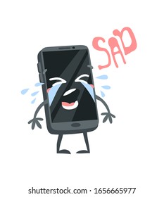 Cartoon drawing gadget  emoji. Hand drawn emotional phone.Actual Vector illustration character. Creative ink art work and word SAD