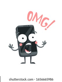 Cartoon drawing gadget  emoji. Hand drawn emotional phone.Actual Vector illustration character. Creative ink art work and word  OMG