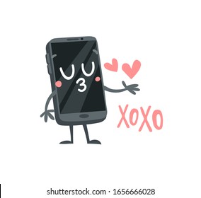 Cartoon drawing gadget  emoji. Hand drawn emotional phone.Actual Vector illustration character. Creative ink art work and word XoXo