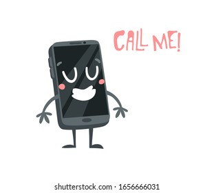 Cartoon drawing gadget  emoji. Hand drawn emotional phone.Actual Vector illustration character. Creative ink art work and word CALL ME