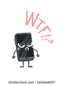 Cartoon drawing gadget  emoji. Hand drawn emotional phone.Actual Vector illustration character. Creative ink art work and word WTF!?