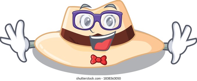 A cartoon drawing of geek panama hat wearing weird glasses