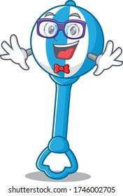 A cartoon drawing of geek rattle toy wearing weird glasses
