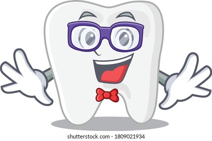 A cartoon drawing geek tooth wearing weird glasses