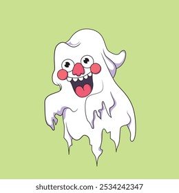 a cartoon drawing of a ghost with a white face and a red nose, with green background.