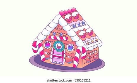 Cartoon drawing gingerbread house object. Pencil brush stroke outline effect painting. Isolated movable decoration candy cane, cinnamon biscuit and snowy icing sugar frosting. Season's greeting card.