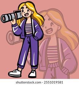 a cartoon drawing of a girl with a camera and a picture of a girl with a large lense.