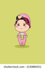 A cartoon drawing of a girl dressed as a pink flamingo holding a paper coffee cup.