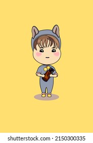 Cartoon drawing of a girl dressed as a wolf with a vintage medicine bottle on a light yellow background.