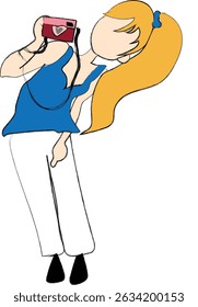 cartoon drawing of a girl with long blonde hair, wearing a blue top, holding a pink camera and seemingly taking a photo