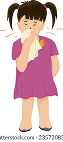 Cartoon drawing of a girl standing holding a cloth over her nose, feeling sick and coughing as a symptom of cold or bronchitis. Health care concept vector illustration.