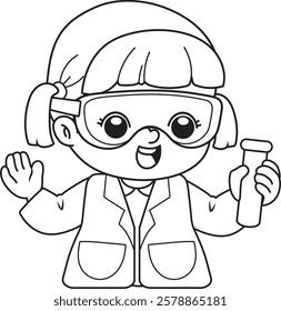 Cartoon drawing of a girl wearing a lab coat, holding a test tube, looking happy.