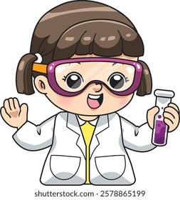 Cartoon drawing of a girl wearing a lab coat, holding a test tube, looking happy.