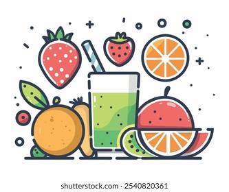 Cartoon drawing of a glass of juice with a straw and a bunch of fruit including oranges, strawberries, and carrots