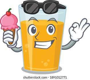 A cartoon drawing of glass of orange juice holding cone ice cream. Vector illustration