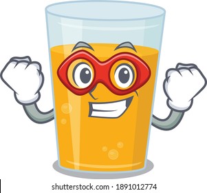 A cartoon drawing of  glass of orange juice in a Super hero character. Vector illustration