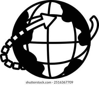 A cartoon drawing of a globe with a arrow pointing to the right