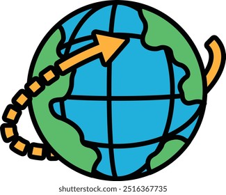 Un dibujo de dibujos animados de un globo terráqueo con una flecha que apunta a la derecha
