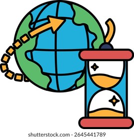 A cartoon drawing of a globe with a clock on it. The globe is surrounded by a line of arrows pointing to the right