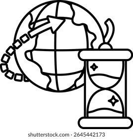 Un dibujo de dibujos animados de un globo terráqueo con un reloj. El globo está rodeado por una línea de flechas que apuntan a la derecha