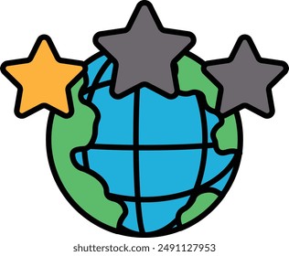 A cartoon drawing of a globe with three stars on it. The globe is green and blue, and the stars are black and yellow. The drawing conveys a sense of wonder and curiosity about the world