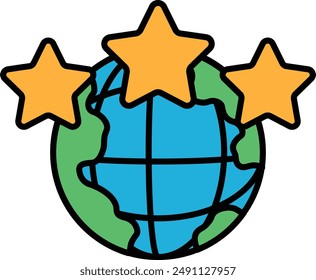 A cartoon drawing of a globe with three stars on it. The globe is green and blue, and the stars are yellow. The drawing conveys a sense of achievement and success