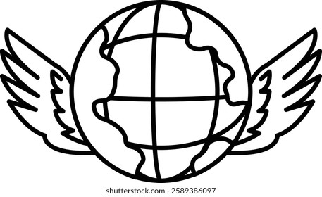 A cartoon drawing of a globe with wings on either side