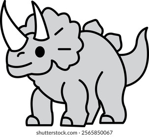 A cartoon drawing of a gray dinosaur with a horn on its head. The dinosaur is smiling and he is happy