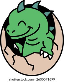 A cartoon drawing of a green dinosaur with a smile on its face. The dinosaur is laying in an egg