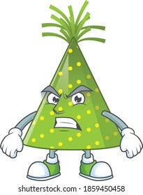 cartoon drawing of green party hat showing angry face. Vector illustration