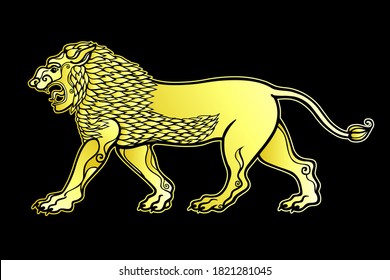 Cartoon drawing:  growling lion, a character in Assyrian mythology. Imitation of gold.  Vector illustration isolated on a black background.