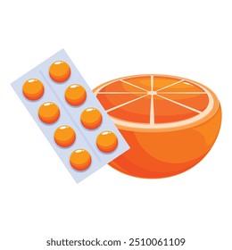 Dibujo de dibujos animados de media toronja cerca del paquete de ampolla con vitamina c, concepto de obtener vitaminas de los alimentos
