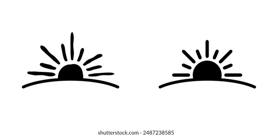 Cartoon drawing half sun or sunlight. Shining rays of light. Sunrise suns. Weather tools. Power, Sun rise line pattern. Sunshine sunset. For yellow or orange logo. downwards or upwards wave.