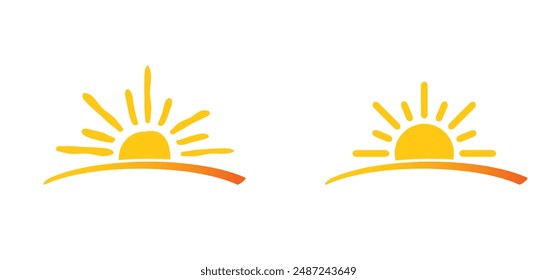 Cartoon drawing half sun or sunlight. Shining rays of light. Sunrise suns. Weather tools. Power, Sun rise line pattern. Sunshine sunset. For yellow or orange logo. downwards or upwards wave.